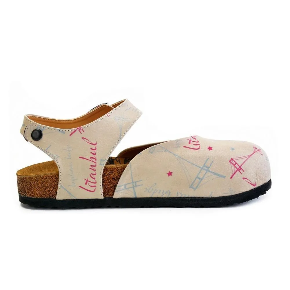 Beige, Blue, Red Sail and Bridge Color, Istanbul Written Patterned Clogs - CAL1607
