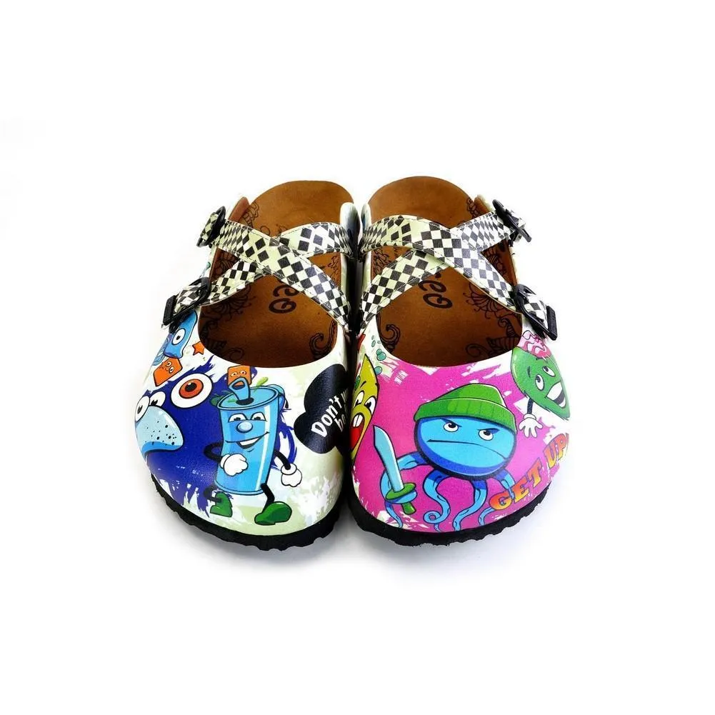 Black and White Squareds and Anime Character Patterned Clogs - WCAL173