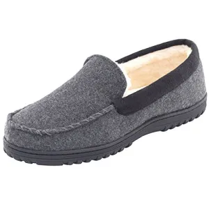 HomeTop Men’s Indoor Outdoor Wool Micro Suede Faux Fur Lining Moccasin Slippers Flats (US Men’s 11-12, Dark Gray)