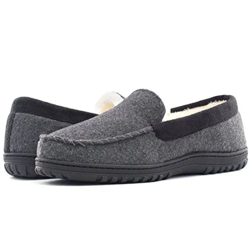 HomeTop Men’s Indoor Outdoor Wool Micro Suede Faux Fur Lining Moccasin Slippers Flats (US Men’s 11-12, Dark Gray)