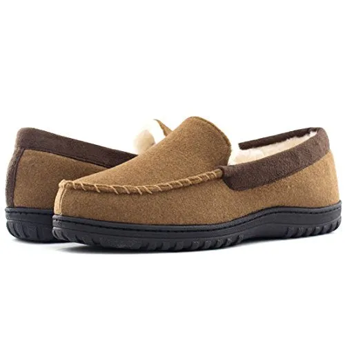 HomeTop Men’s Indoor Outdoor Wool Micro Suede Faux Fur Lining Moccasin Slippers Flats (US Men’s 13-14, Brown)