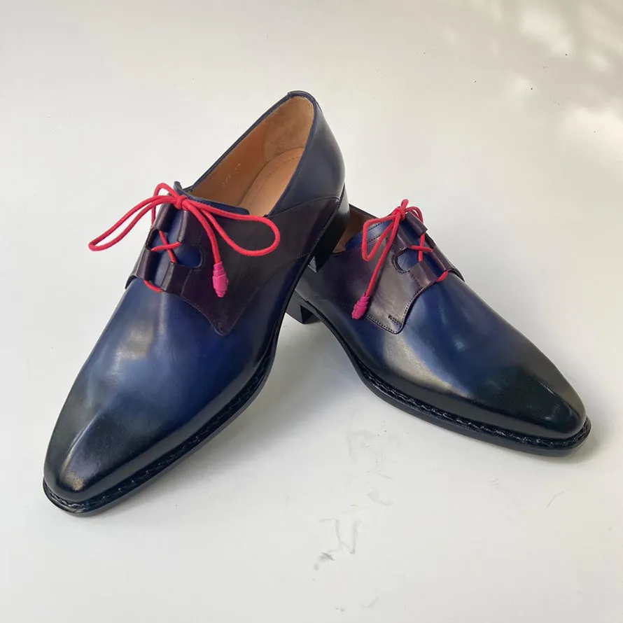 Tucci Di Lusso Mens Handmade Italian Leather Blue & Purple Derby Luxury Dress Shoes