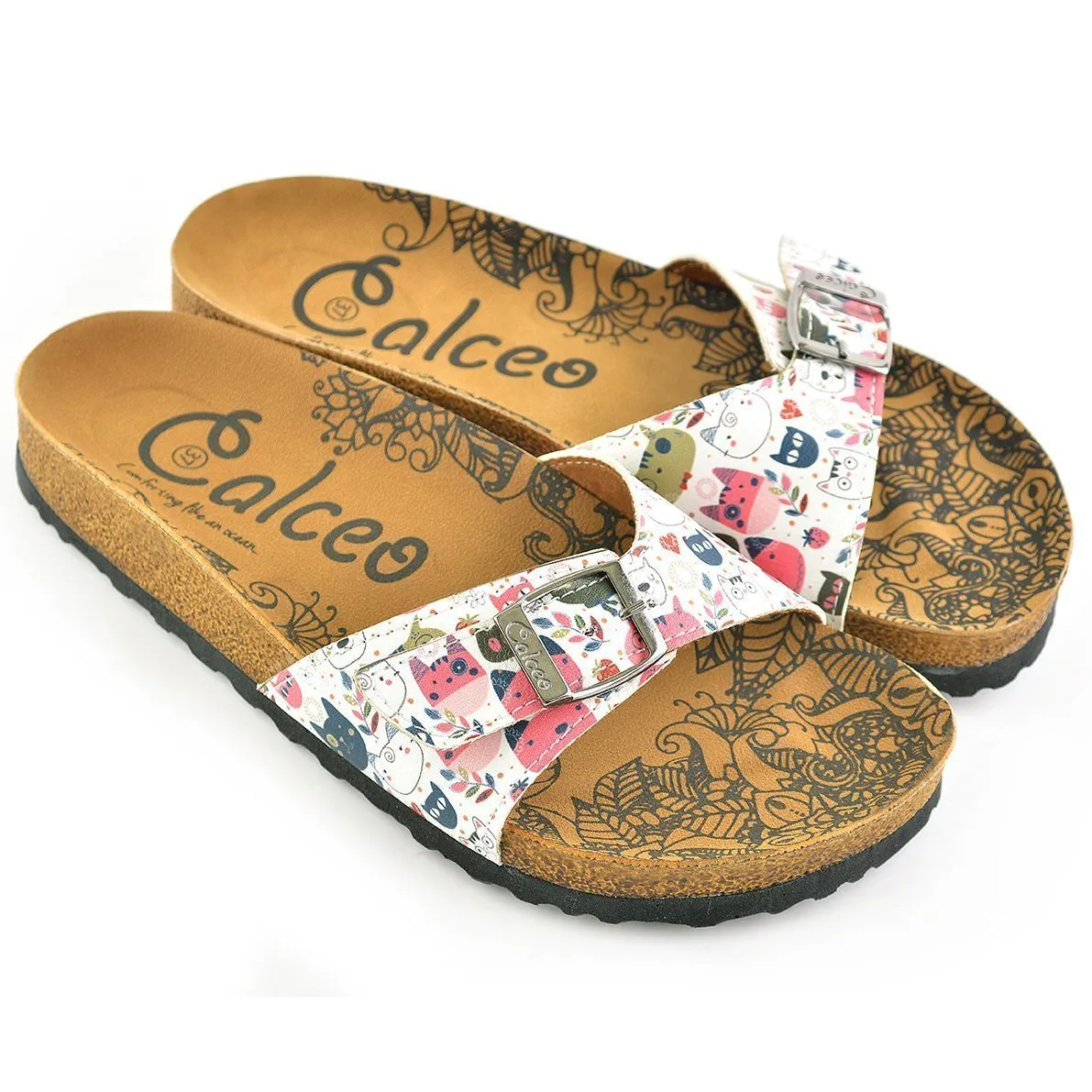 White & Red Cat Buckle-Accent Sandal CAL906