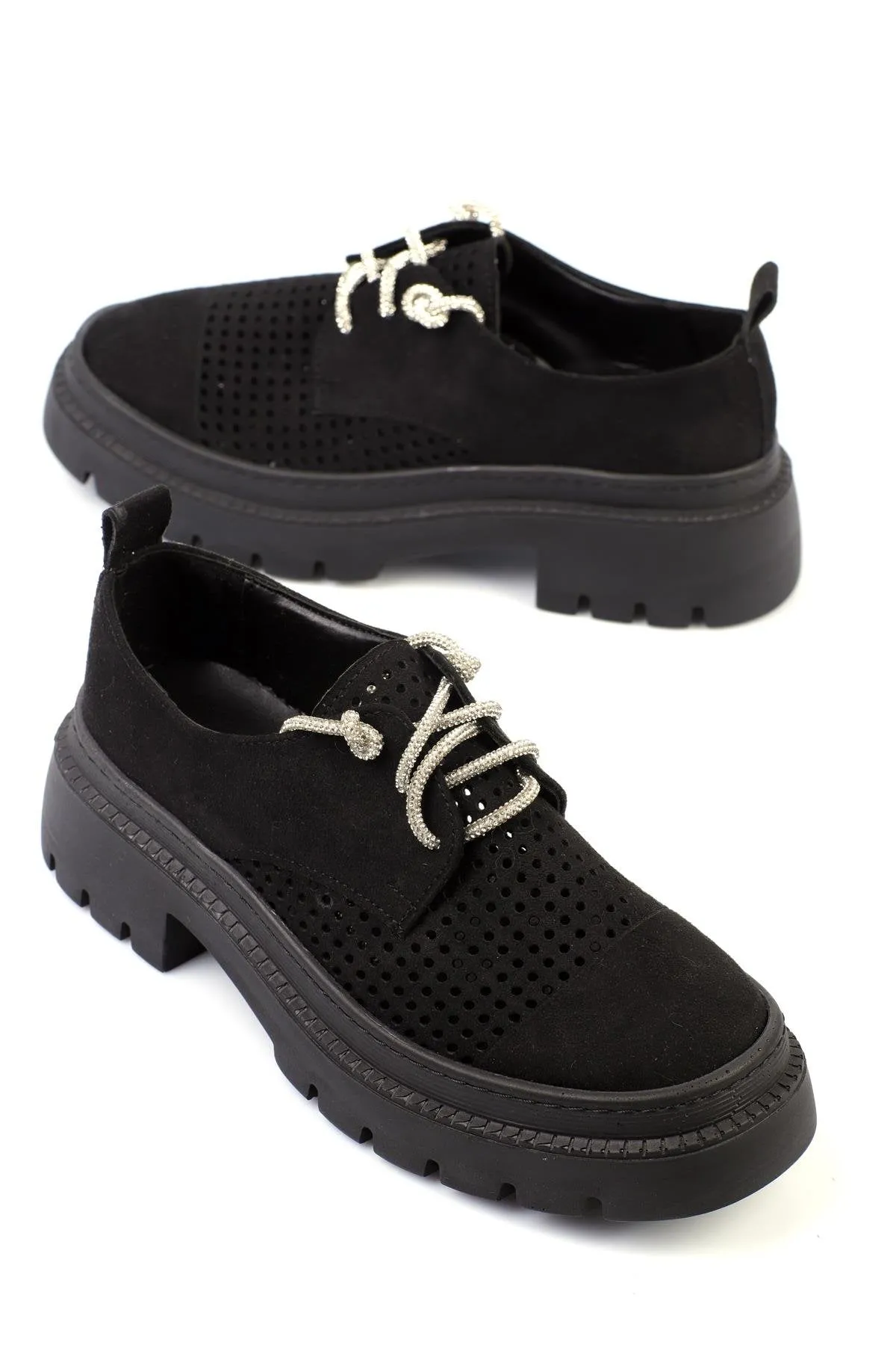 Women's Ballerina Shoes with Stones, Black Nubuck