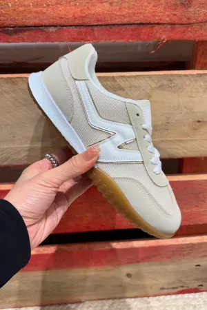 WOMENS BEIGE SIDE DETAIL LACE UP DESIGNER SNEAKERS TRAINERS