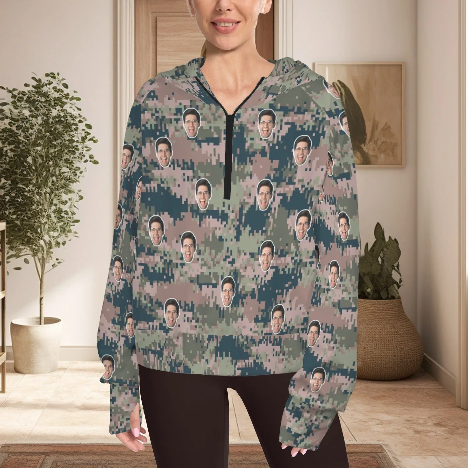 Women's Half Zip Cropped Hoodies Custom Face Camouflage Fleece Athletic Pullover Hoodies with Pockets Thumb Hole