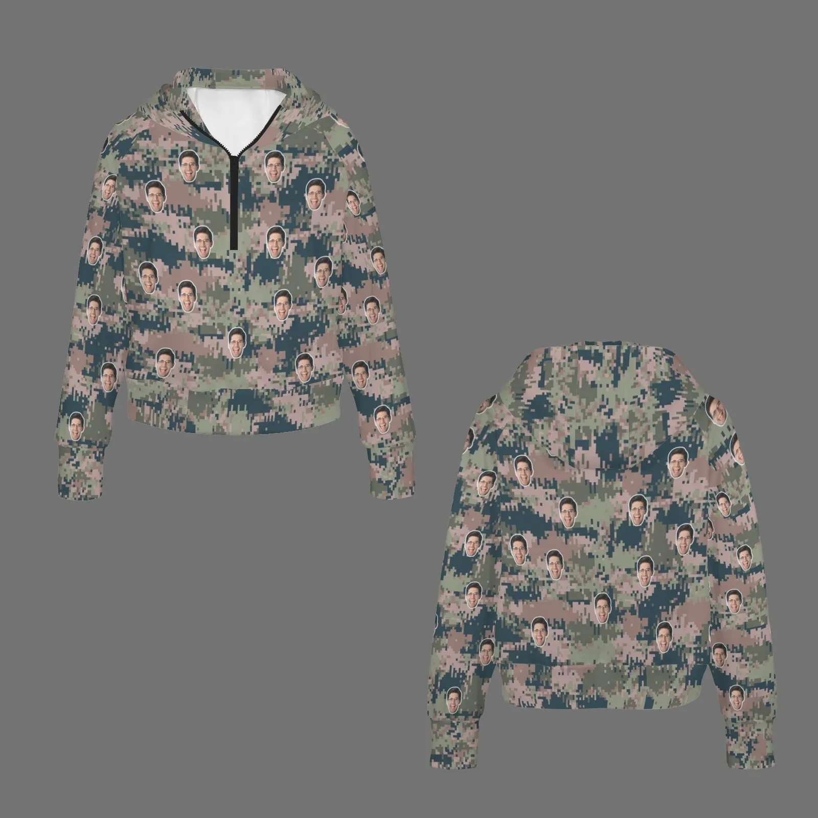 Women's Half Zip Cropped Hoodies Custom Face Camouflage Fleece Athletic Pullover Hoodies with Pockets Thumb Hole
