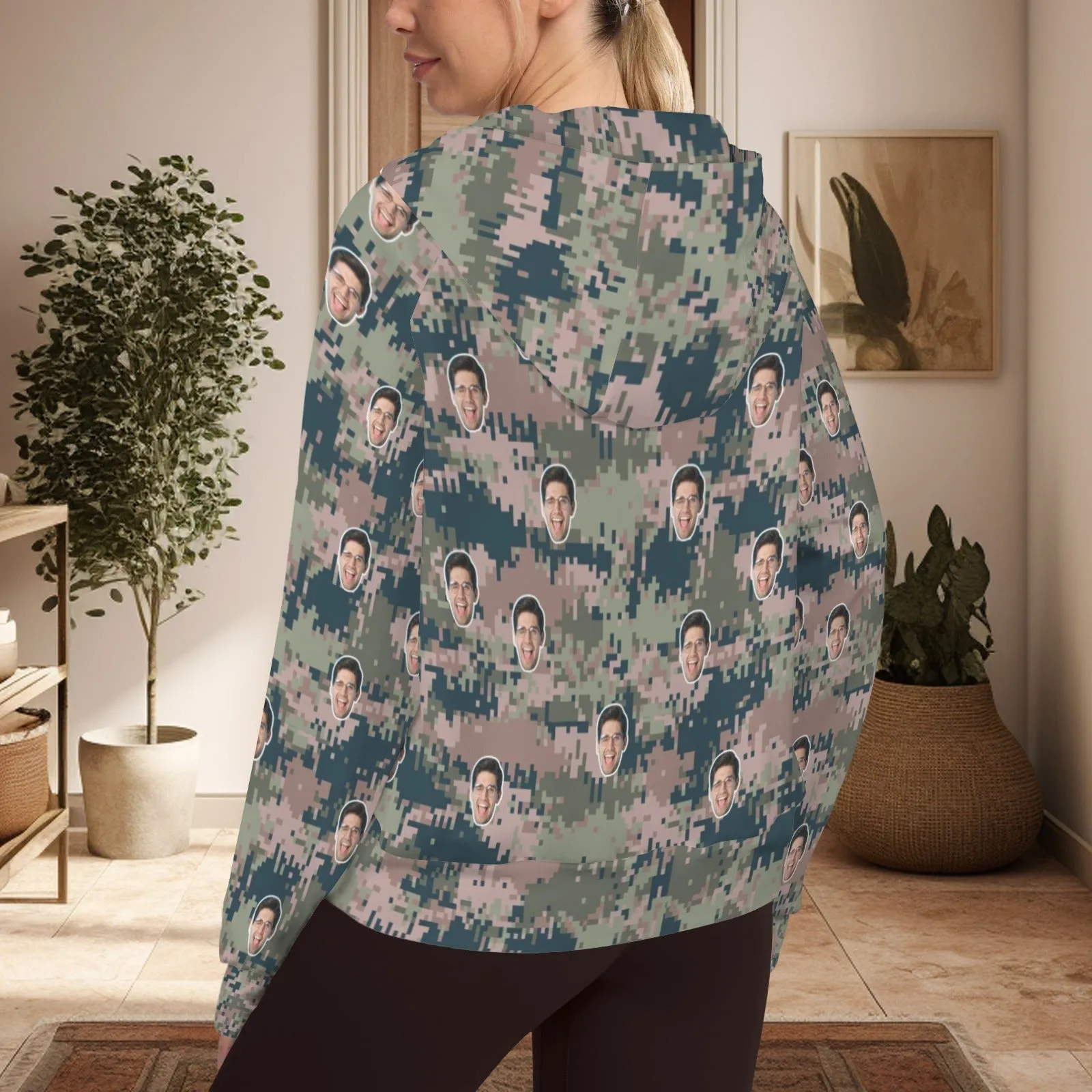 Women's Half Zip Cropped Hoodies Custom Face Camouflage Fleece Athletic Pullover Hoodies with Pockets Thumb Hole