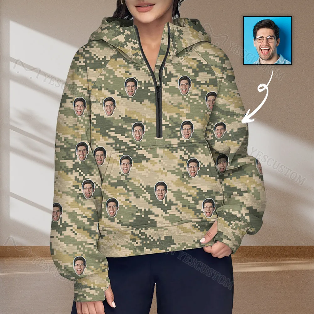 Women's Half Zip Cropped Hoodies Custom Face Camouflage Fleece Athletic Pullover Hoodies with Pockets Thumb Hole