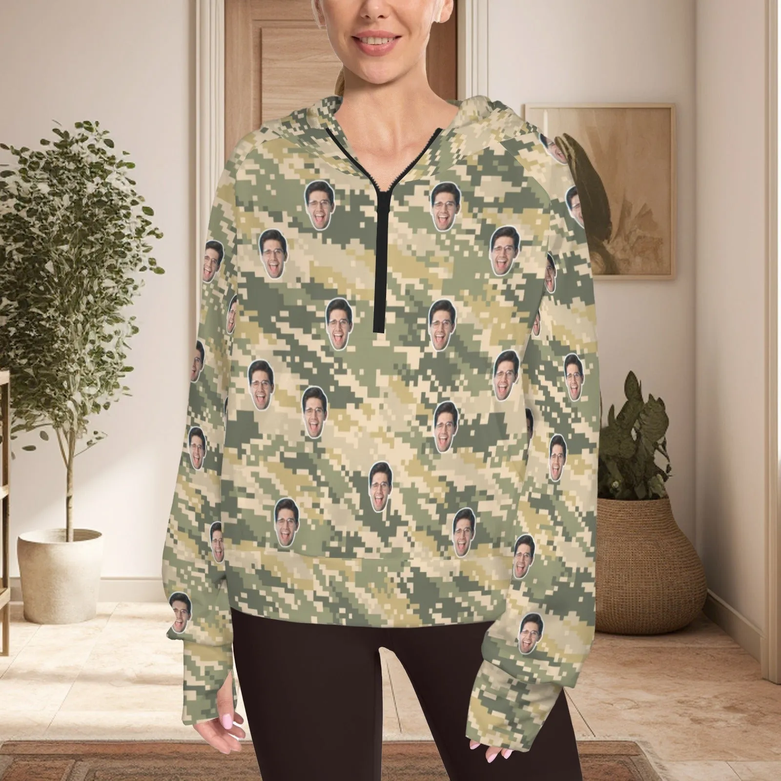 Women's Half Zip Cropped Hoodies Custom Face Camouflage Fleece Athletic Pullover Hoodies with Pockets Thumb Hole