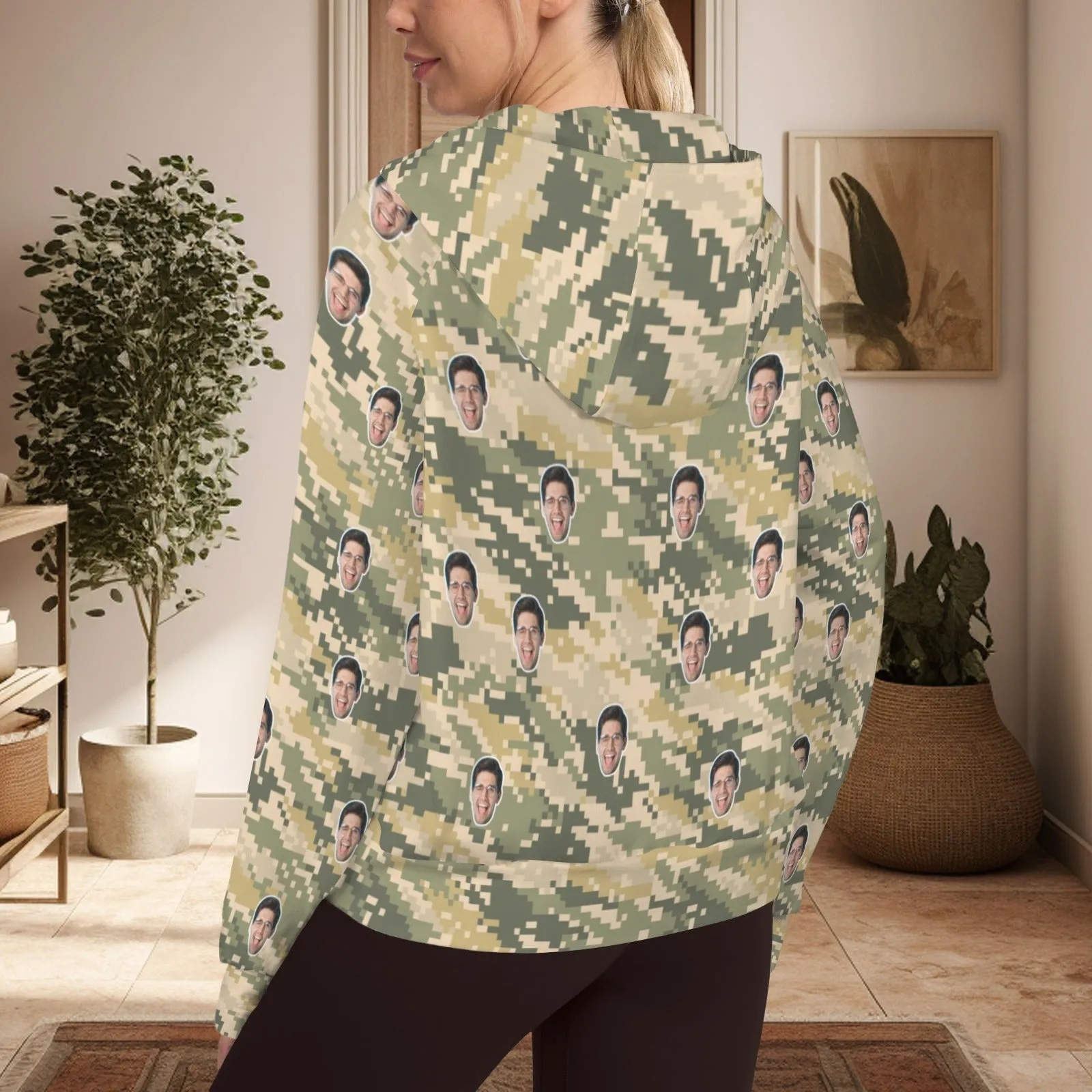 Women's Half Zip Cropped Hoodies Custom Face Camouflage Fleece Athletic Pullover Hoodies with Pockets Thumb Hole