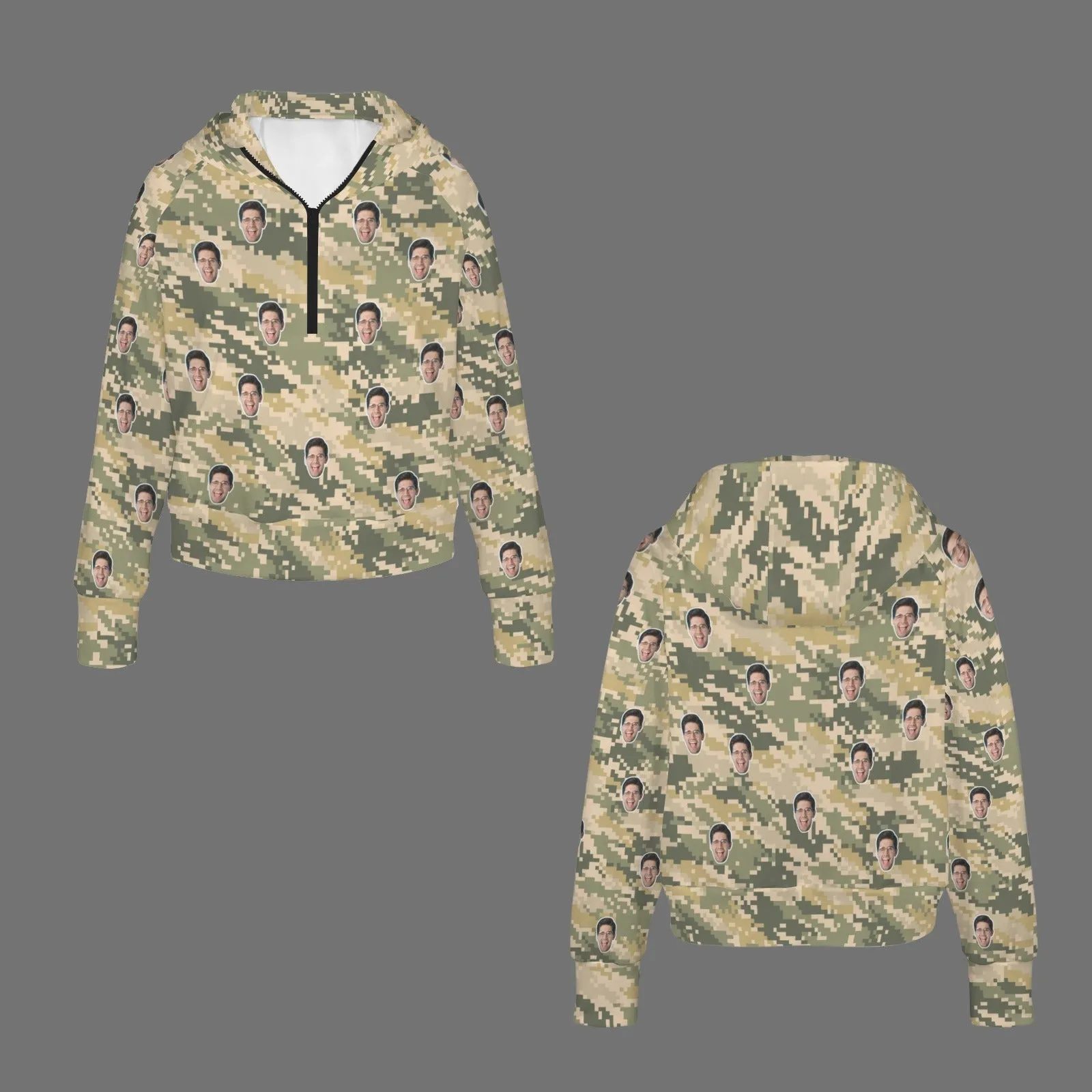 Women's Half Zip Cropped Hoodies Custom Face Camouflage Fleece Athletic Pullover Hoodies with Pockets Thumb Hole
