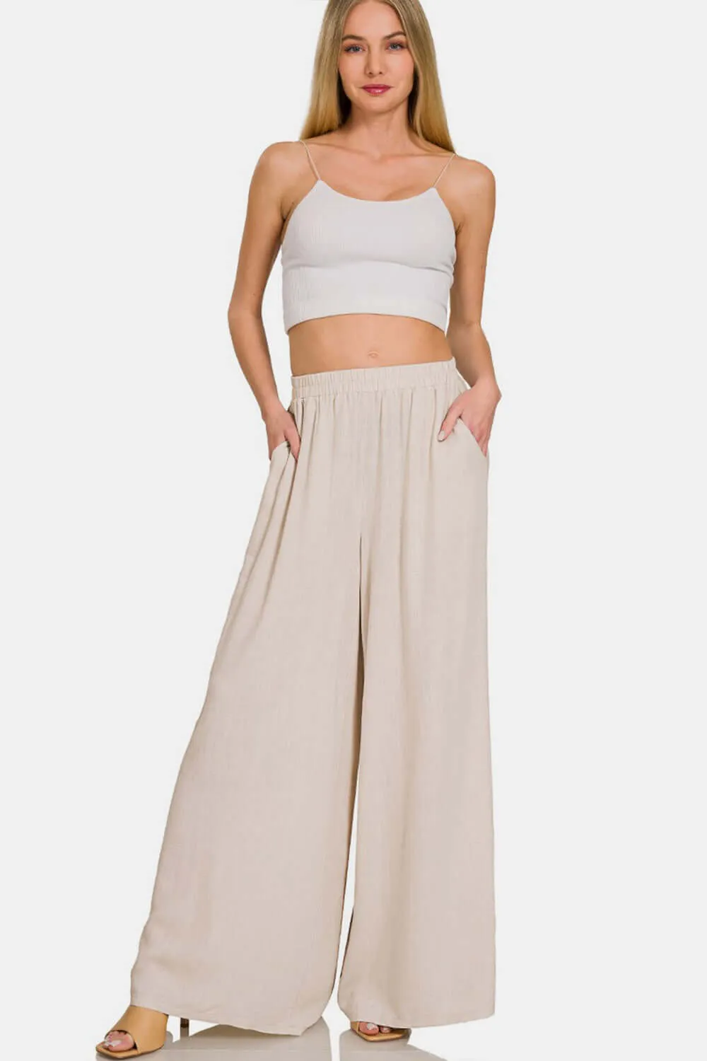 Zenana Linen Pants Wide Leg Sand Beige