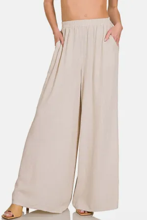 Zenana Linen Pants Wide Leg Sand Beige