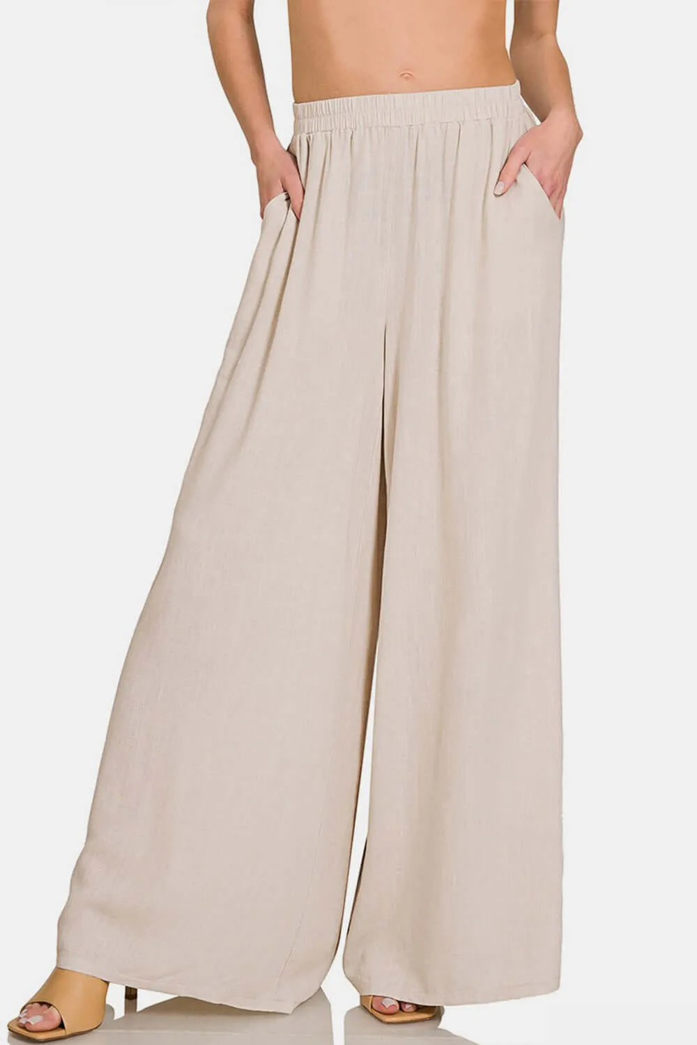 Zenana Linen Pants Wide Leg Sand Beige
