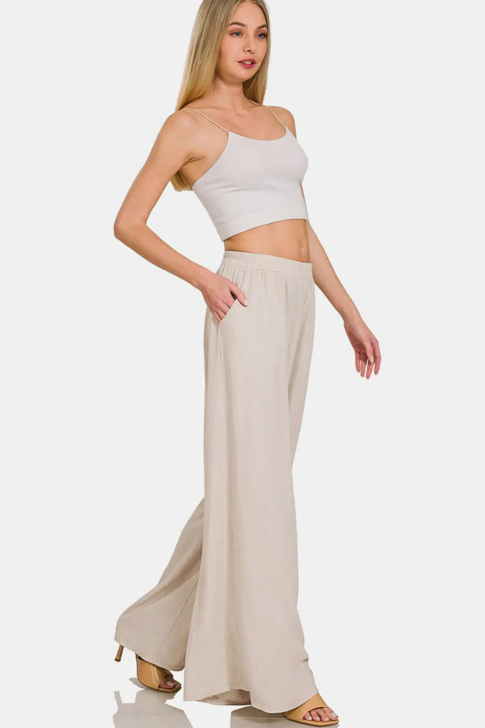 Zenana Linen Pants Wide Leg Sand Beige